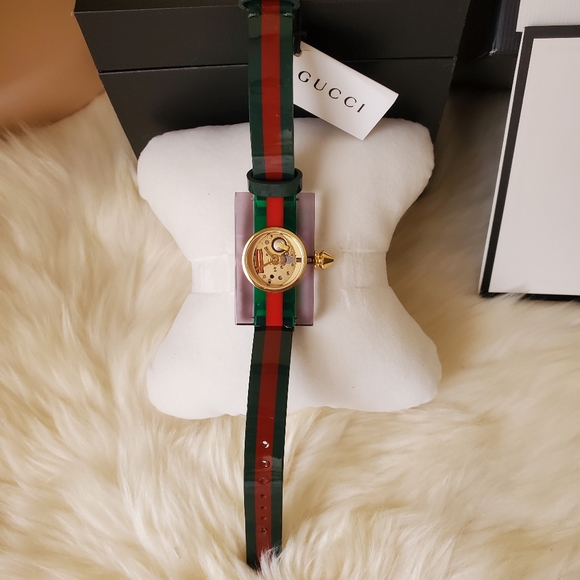 Gucci Rare Skeleton Sherry Line Leather Belt Buckle Green Watch - Picture 4 of 11